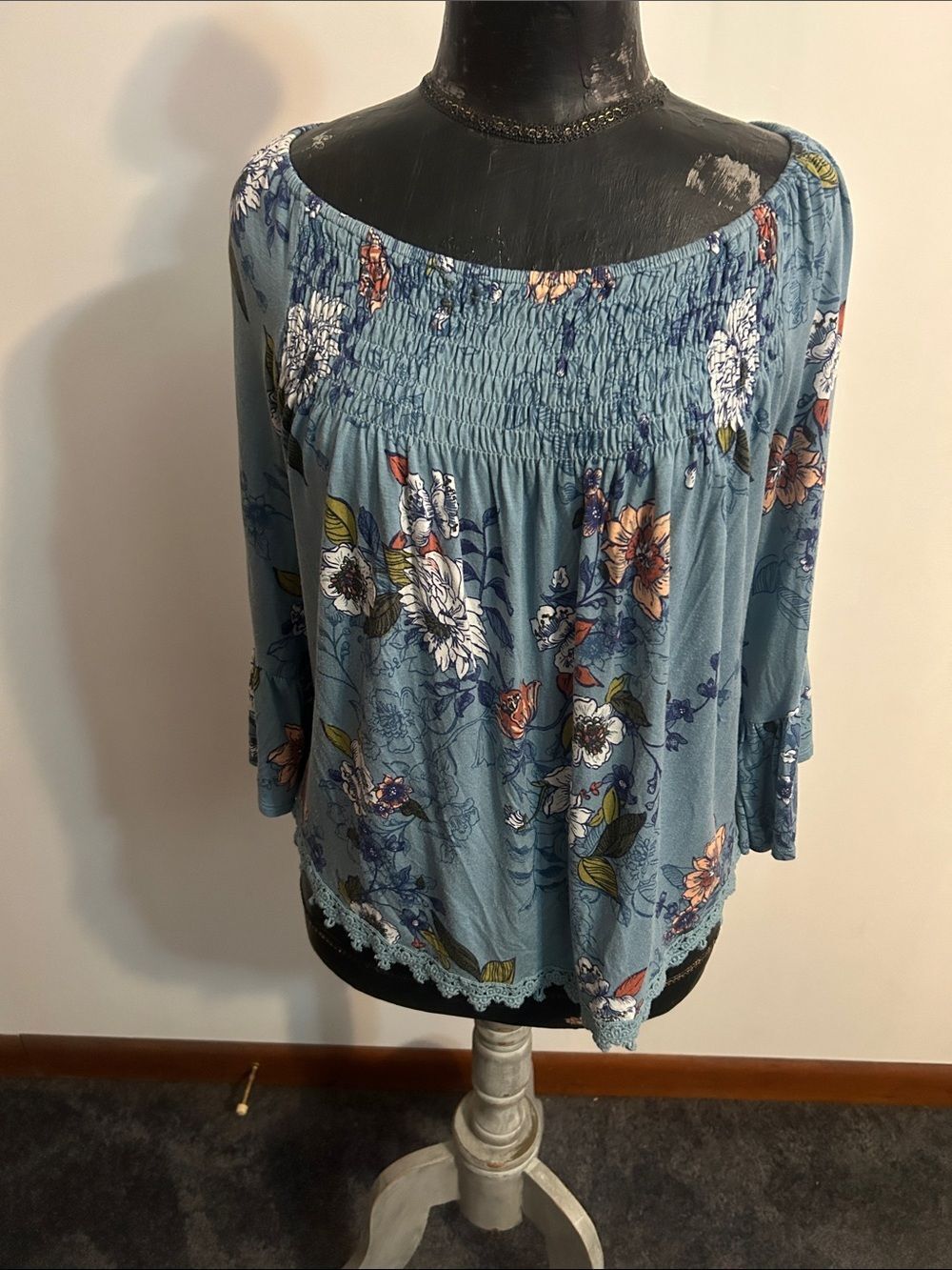 LUQ smocked Off-Shoulder Floral Top in Dusty Blue